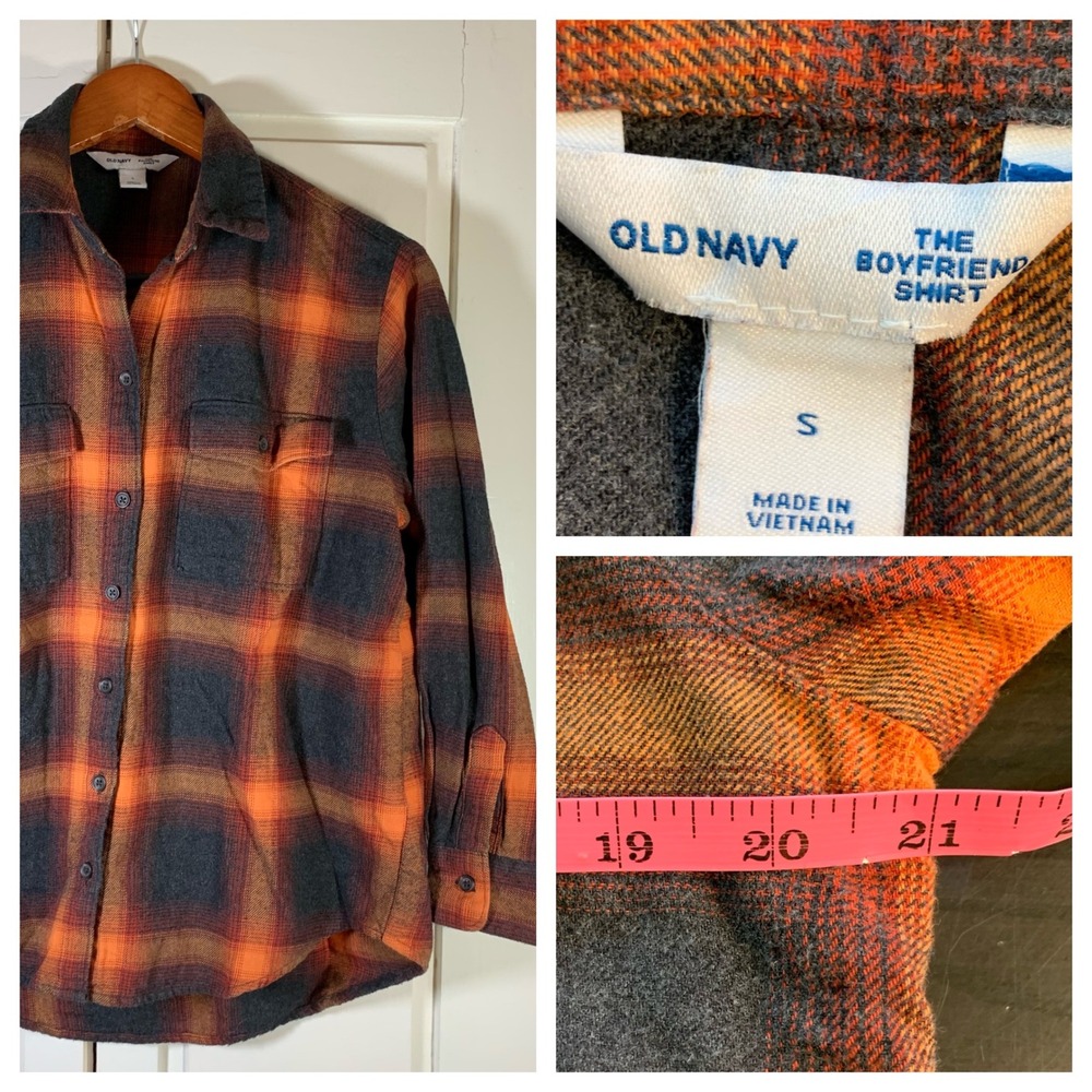 Old Navy Evermore Boyfriend Fit Flannel Shirt Orange Plaid Small Swiftie Cozy